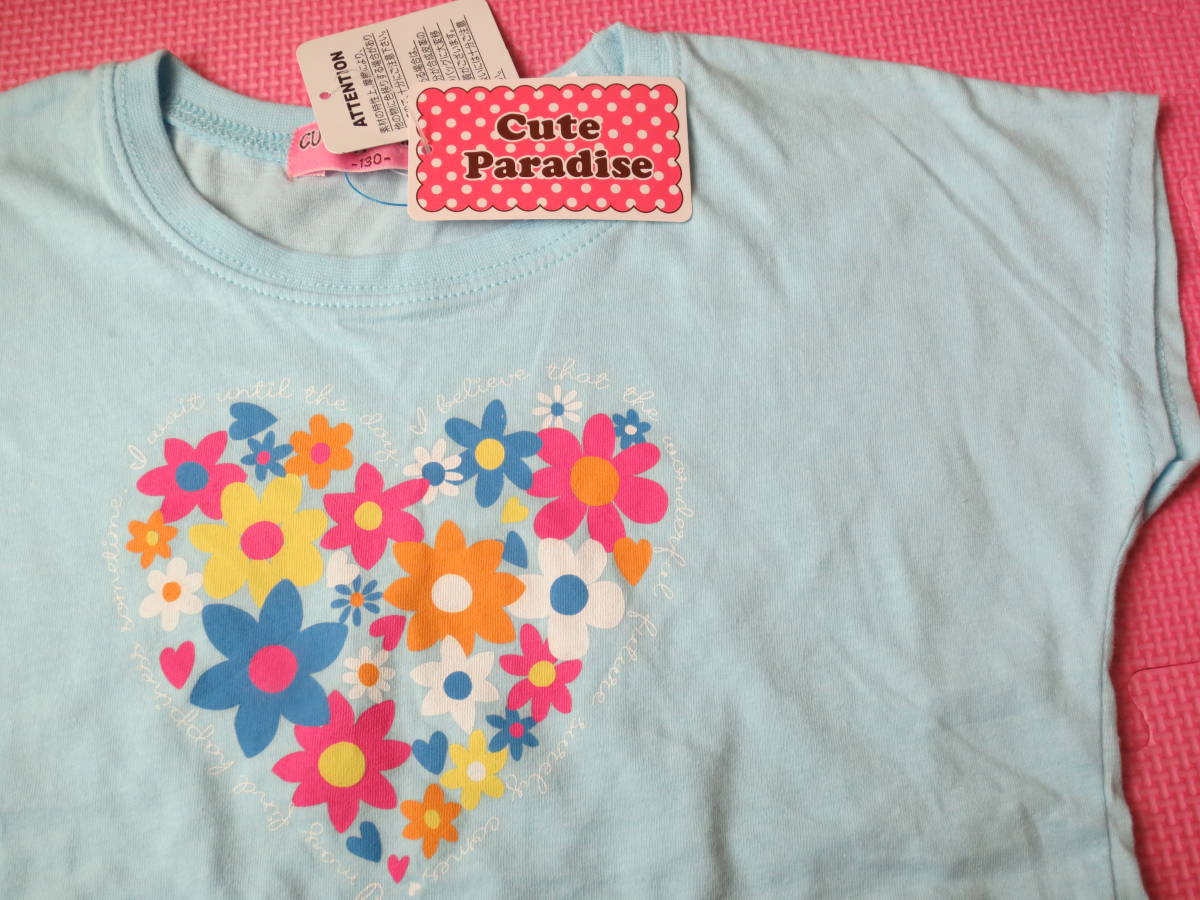 新品 130 裾フリル 半袖Tシャツ 綿100％ 水色 ハート型 花柄プリント ドット柄フリル CUTE PARADISE 小学生 女の子 夏物 120cm～ 送料無料_画像2