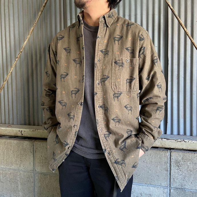 WOOLRICH ウールリッチ 総柄 オールプリント アニマル 鹿 シカ シャモアクロスシャツ 長袖シャツ メンズM_画像1