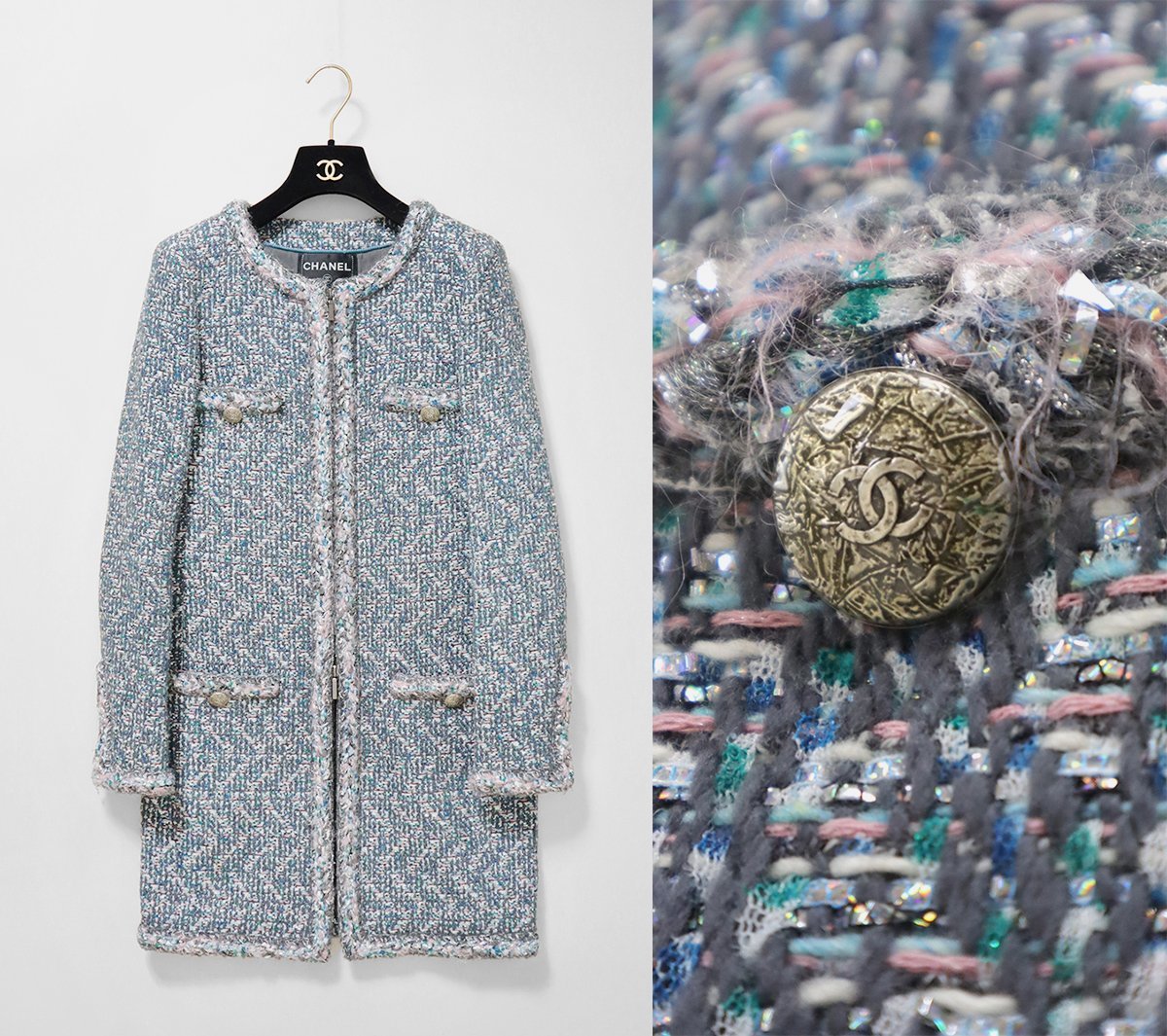 ○ CHANEL ◇ ツイード ノーカラー コート ブルー系 36サイズ ○ CHANEL ◇ ツイード ノーカラー コート ブルー系 36サイズ