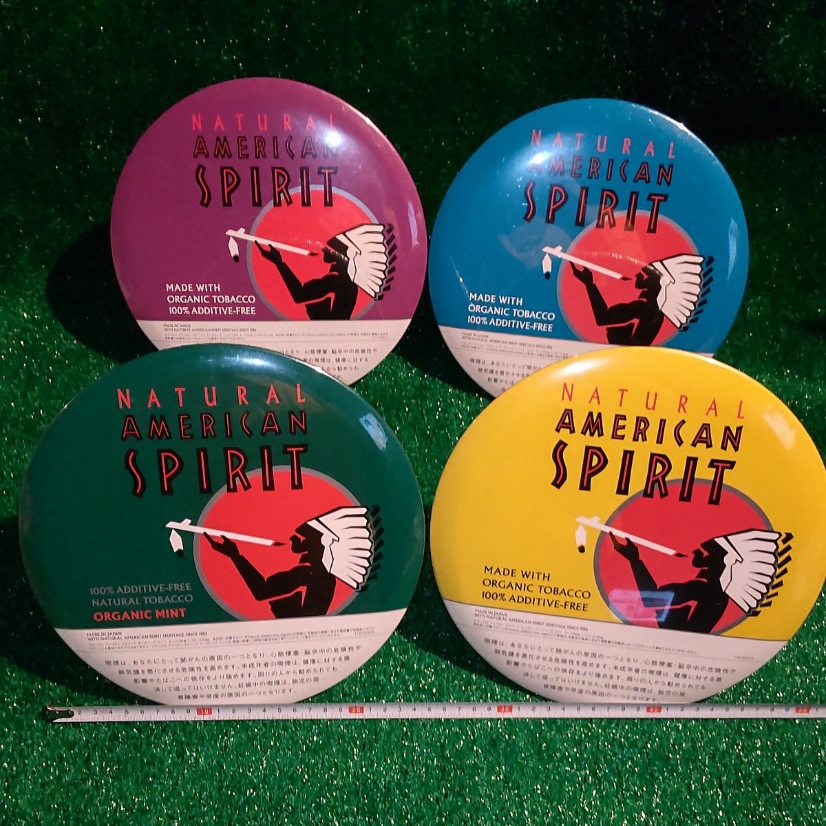 アメリカンスピリット ノベルティ 4色セット! 看板 NATURAL AMERICAN SPIRIT オブジェ 壁掛け 直径250mm 販促 缶バッチ風_画像6