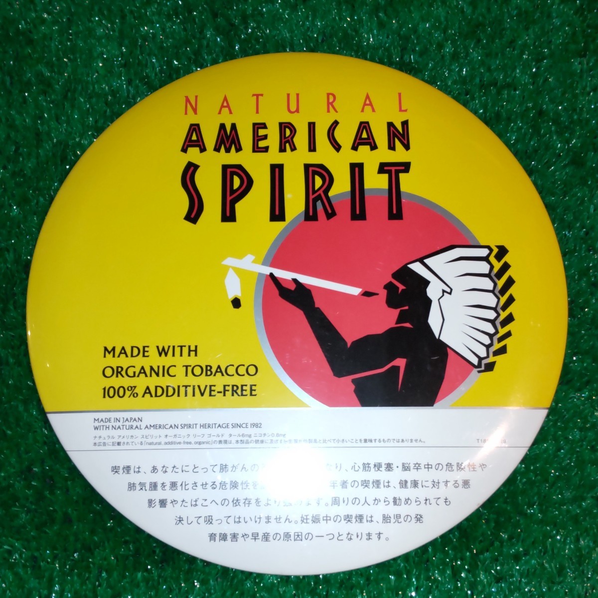 アメリカンスピリット ノベルティ 4色セット! 看板 NATURAL AMERICAN SPIRIT オブジェ 壁掛け 直径250mm 販促 缶バッチ風_画像3