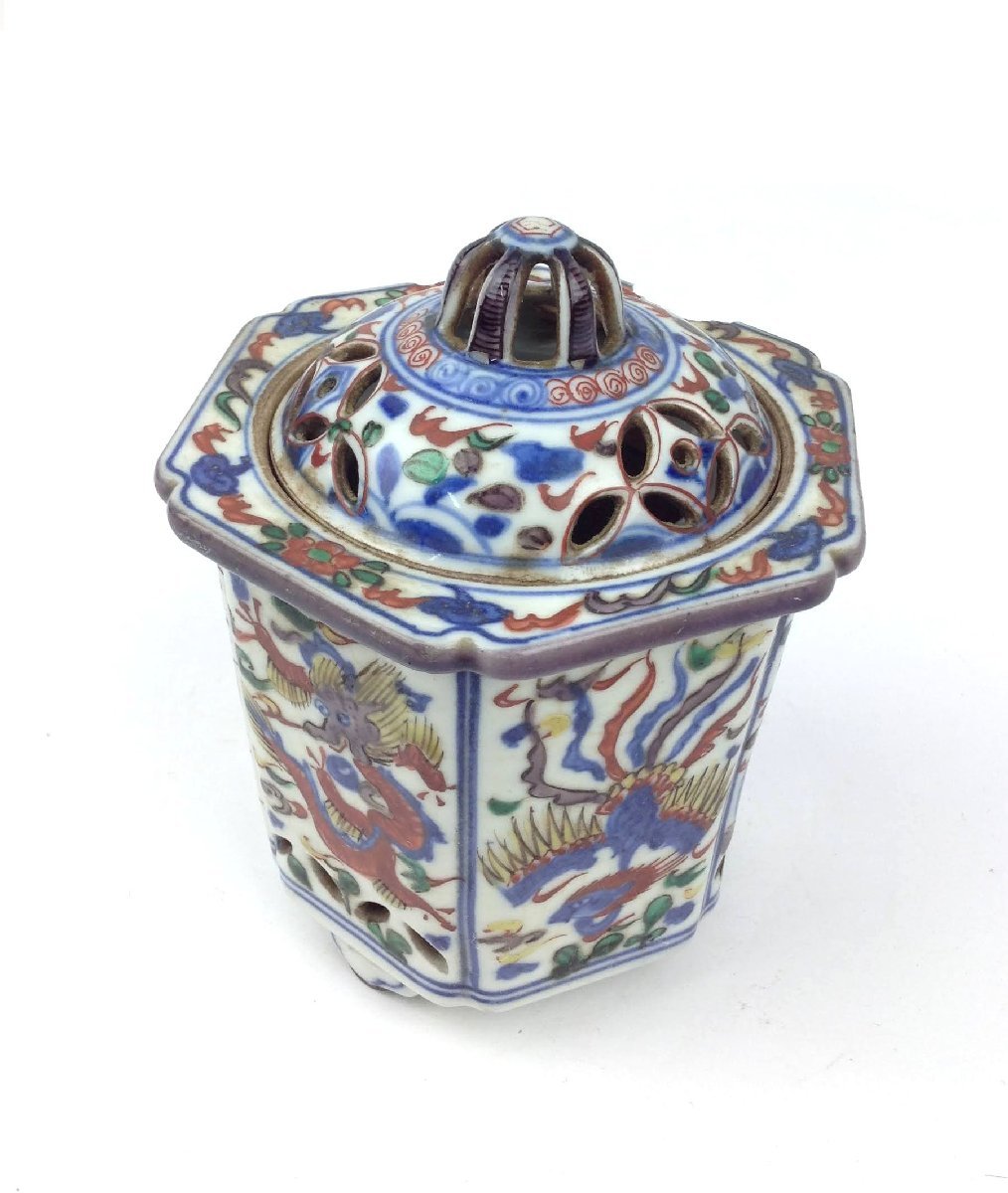 中国古玩 唐物 大明萬暦年製 款 五彩 赤絵 香炉 時代物 約12×8.5cm 香道具 陶器 コレクション 骨董 アンティーク m501-E