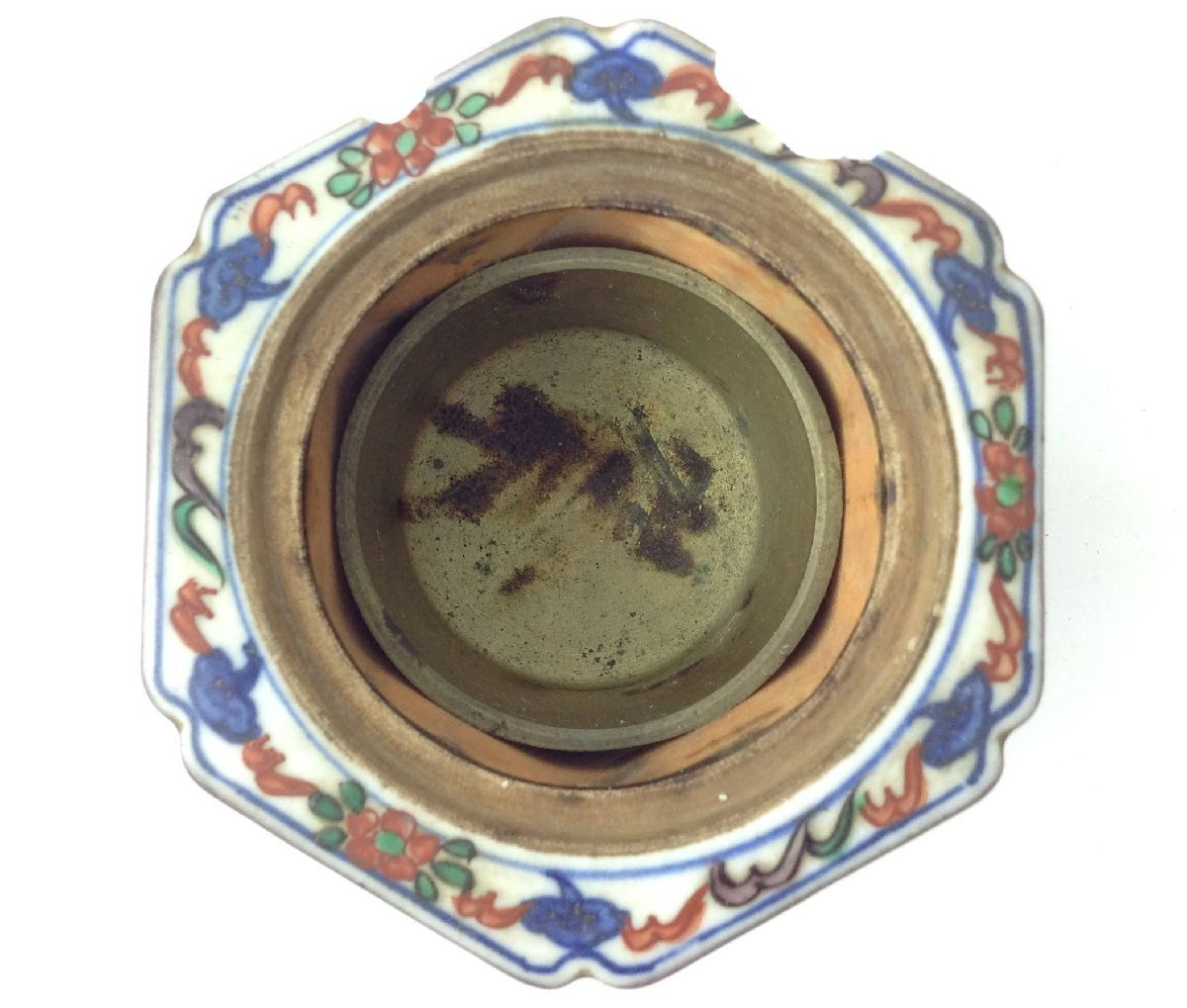 中国古玩 唐物 大明萬暦年製 款 五彩 赤絵 香炉 時代物 約12×8.5cm 香道具 陶器 コレクション 骨董 アンティーク m501-E