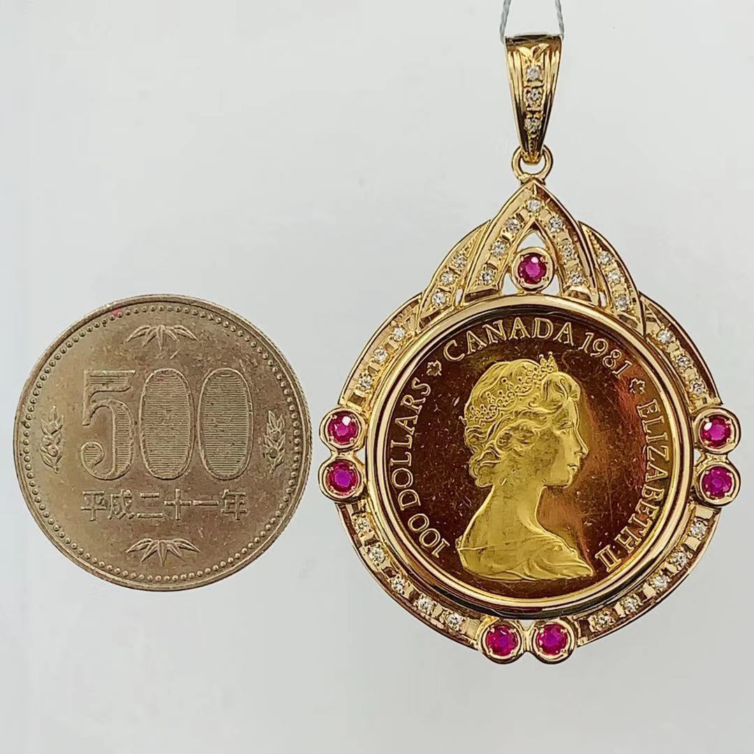 カナダ金貨 1981年 28.5g K18/22 ルビー ダイヤモンド 0.32 コイン ペンダントトップ コレクション Gold_画像3