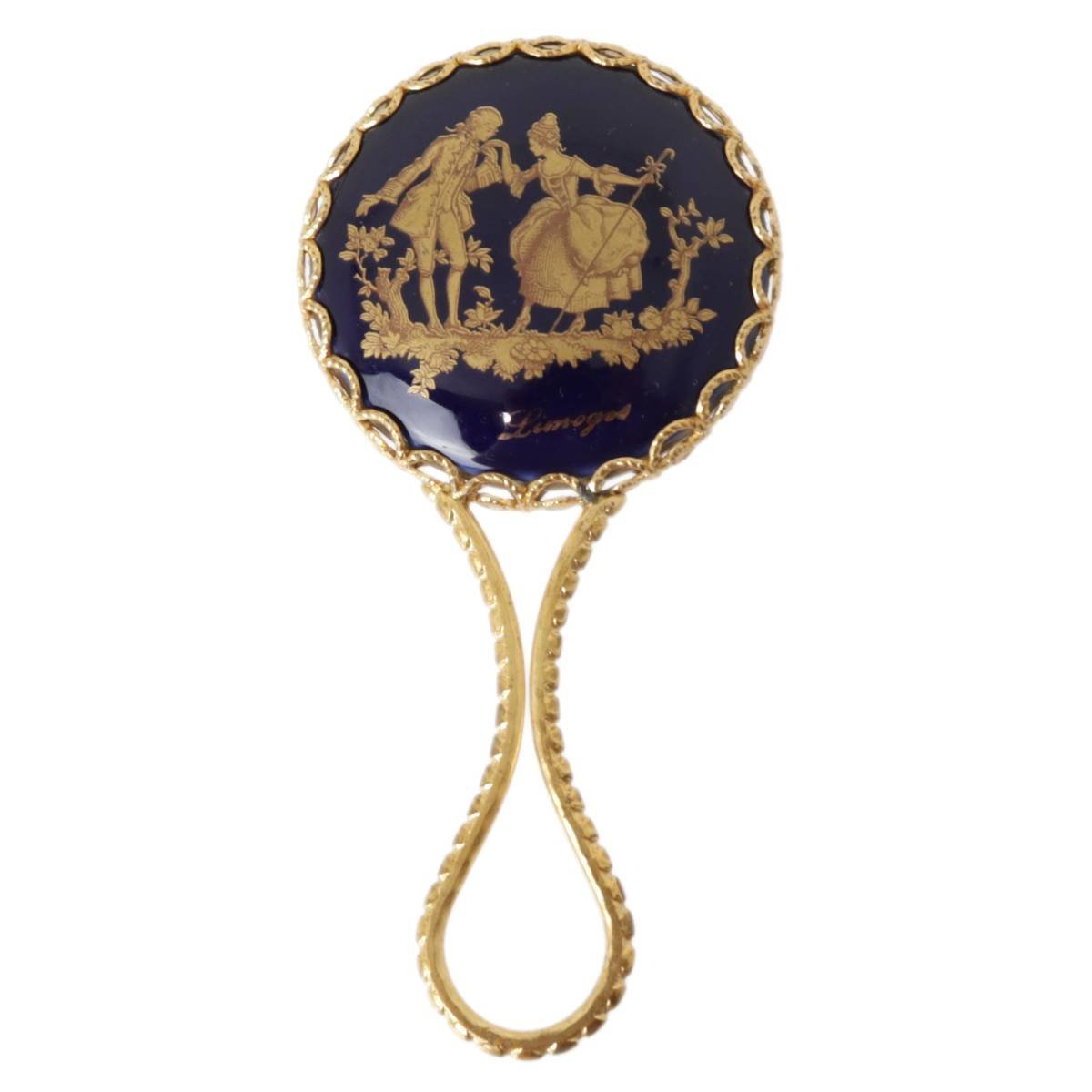 Limoges Limo -ju hand-mirror hand mirror royal blue × gold paint total length approximately 12cm NT B rank 