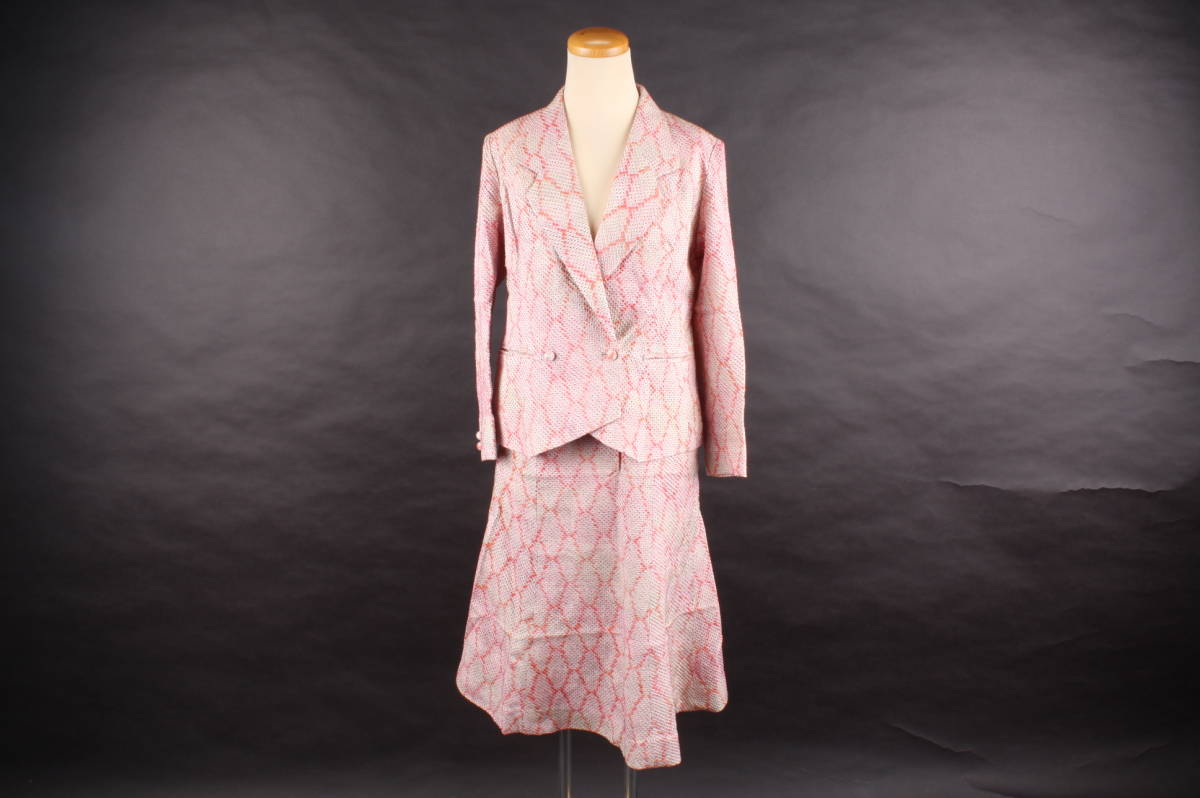YF3926 LADIES FASHION Junko セットアップ ジャケット スカート ピンク 白 絞り 染め フォーマル 綺麗目
