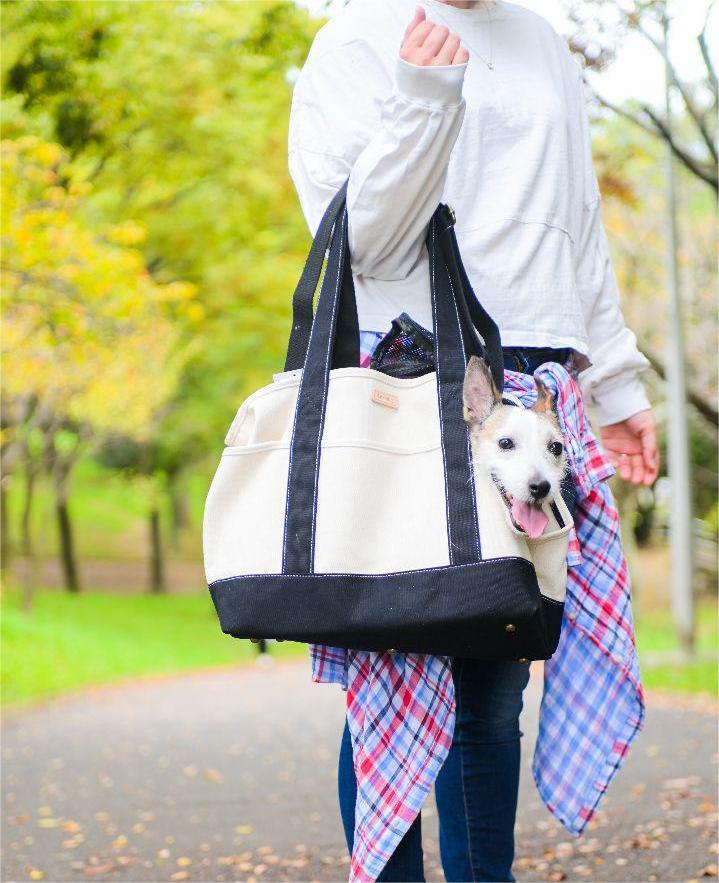 【訳あり品】犬 キャリーバッグ 帆布トート ペットキャリーバッグ Mサイズ 小型犬 小動物 キャンバス ブラック/ホワイト 新品の画像8