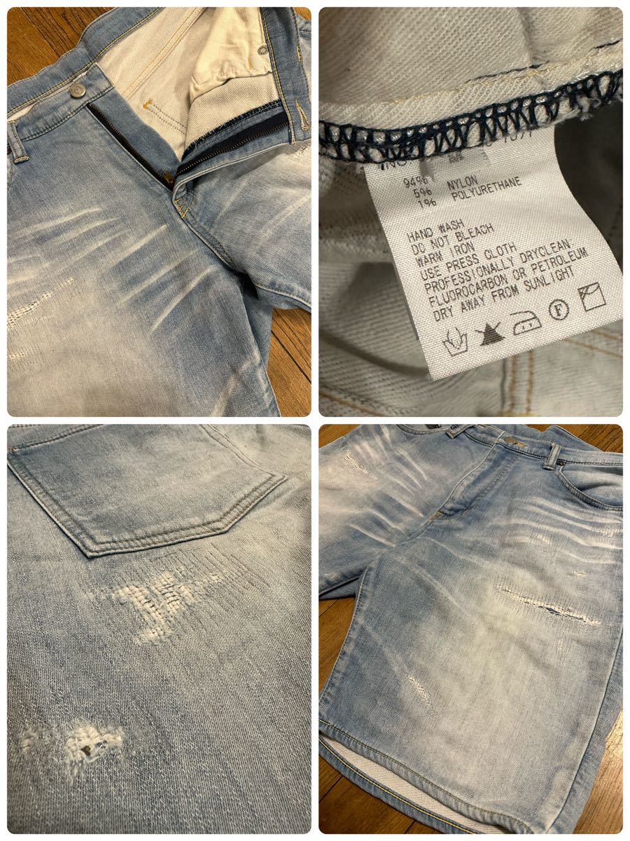 RON HERMAN DENIM ロンハーマン RHC ダメージ加工 クラッシュ リペア スウェット デニム ジーンズ ハーフパンツ ショーツ ストレッチ M