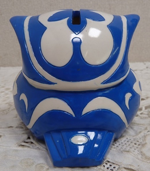 (☆BM)陶器製 ふくろう 貯金箱 梟 ミミズク 青いフクロウ 高さ9㎝ 置物 オブジェ レトロ 鳥 動物_画像5