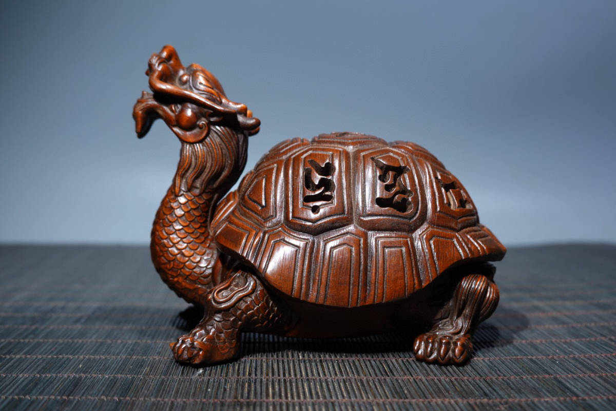 ▽鴻▽黄楊木製 細密彫 龍龜 置物 古賞物 中国古玩 中国