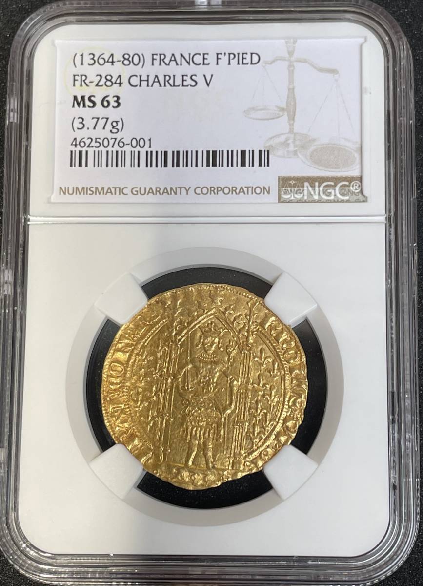 【MS63】フランカ・ピエ 金貨 1364 － 1380 フランス 賢明王 シャルル5世 NGC 百年戦争 ハンマーコイン アンティークコイン_画像3