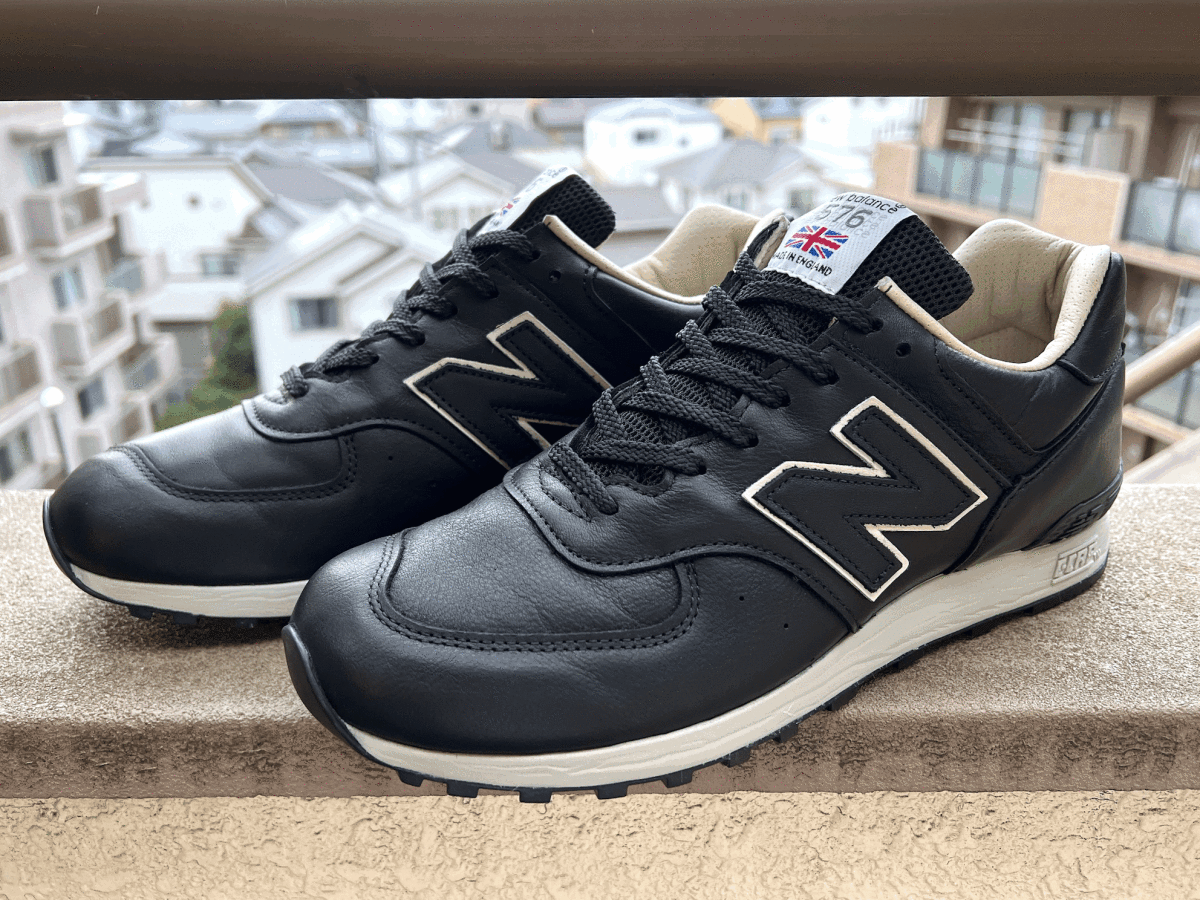 美品 廃番 オールレザー New Balance M576CKK BLACK UK製 US9 中古 イギリス英国製 NB スニーカー ブラック×ベージュ Made In England_画像1