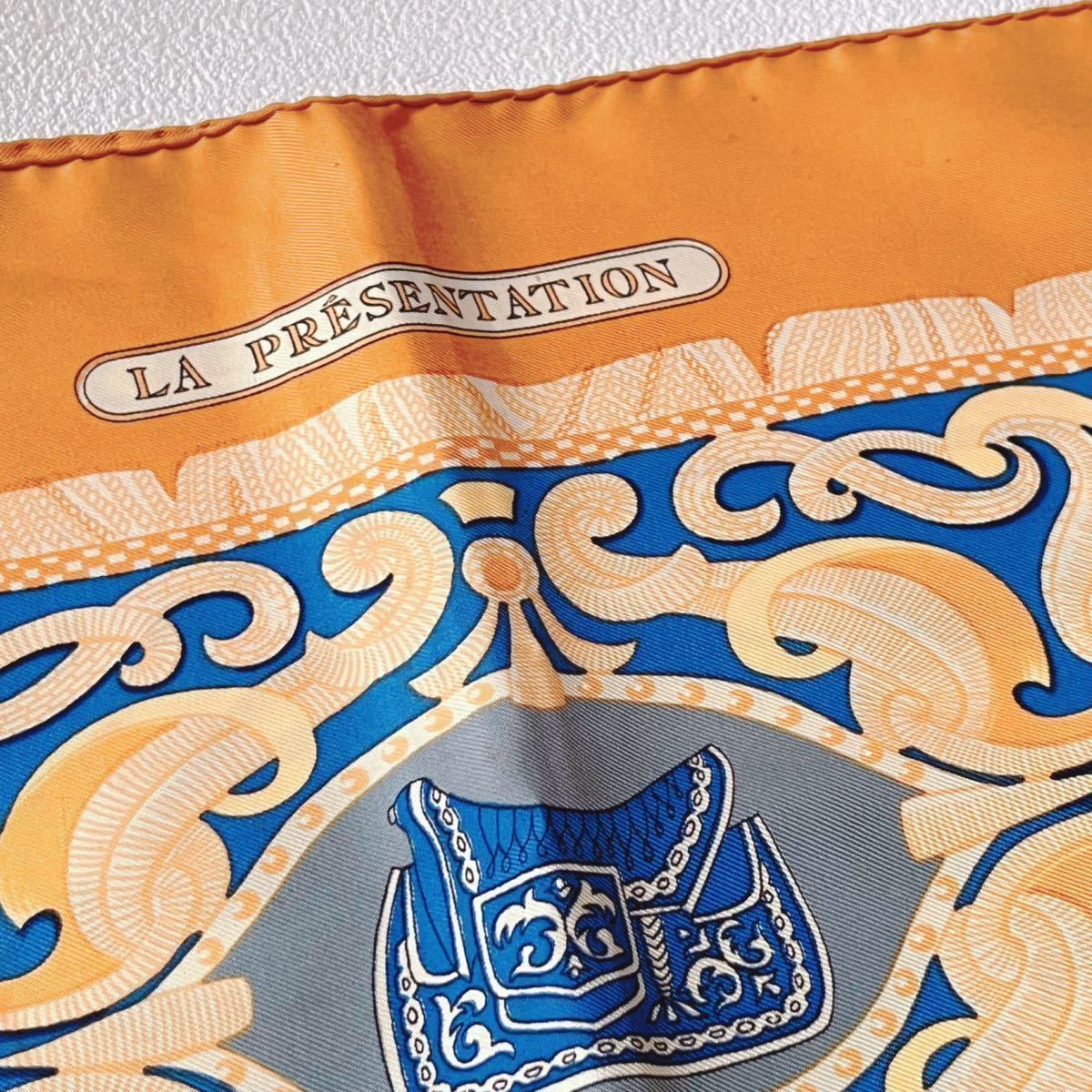 HERMES エルメス スカーフ カレ90 シルク 騎士 馬 イエロー ブルー