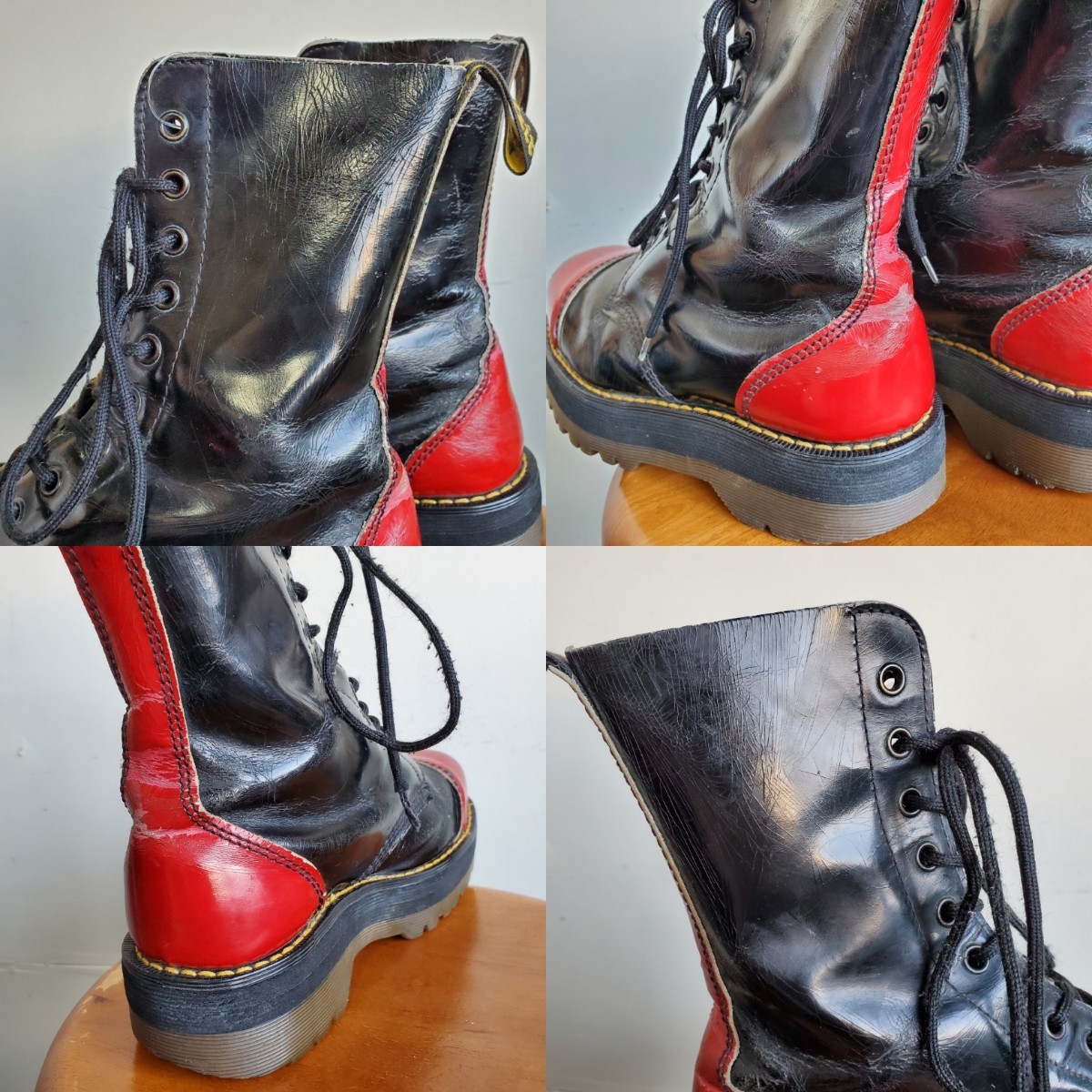 796◆英国製 ドクターマーチン Dr.Martens クレイジーボム 10ホールブーツ UK5/24～24.5㎝位 ツートン 黒×赤 vintage USED 中古