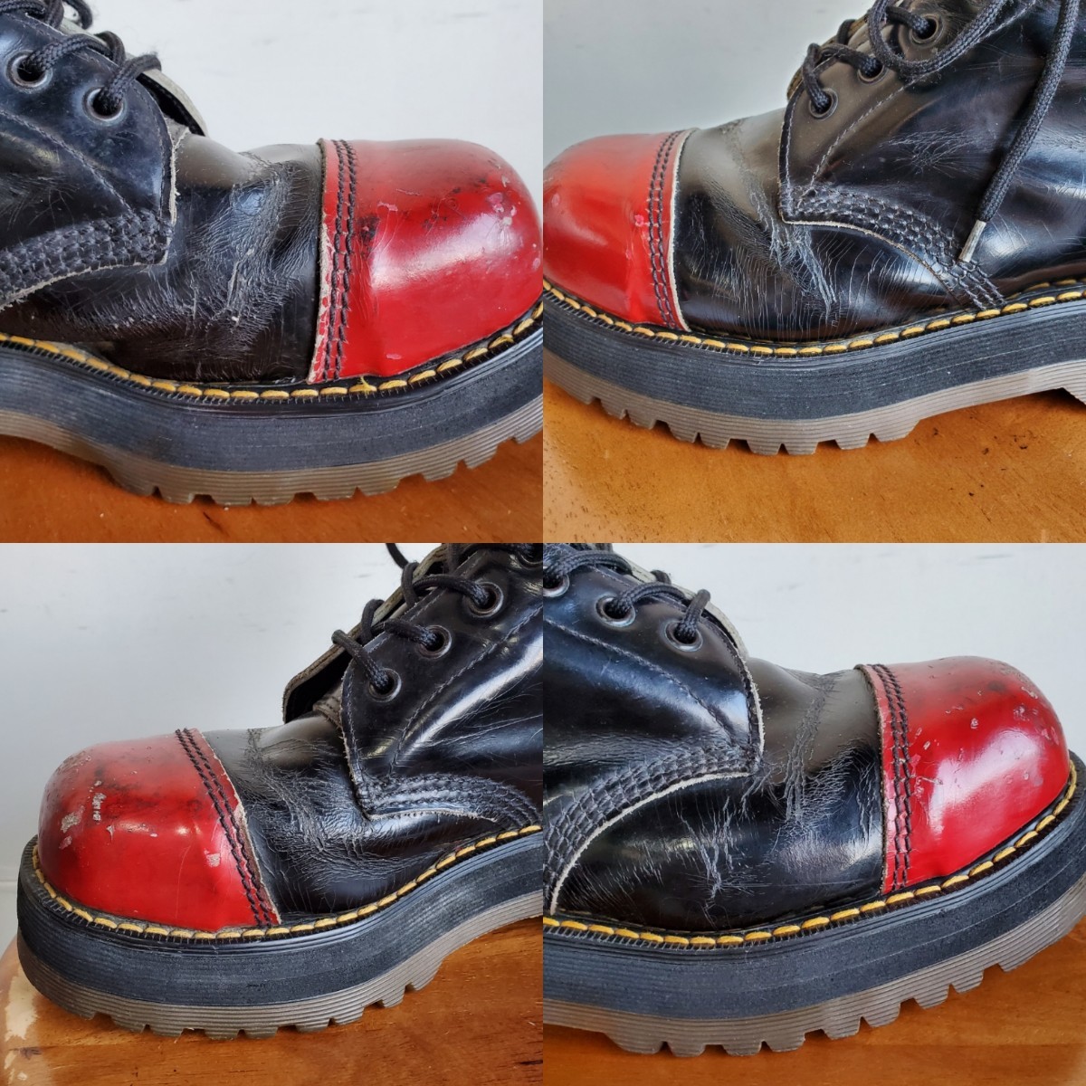 796◆英国製 ドクターマーチン Dr.Martens クレイジーボム 10ホールブーツ UK5/24～24.5㎝位 ツートン 黒×赤 vintage USED 中古