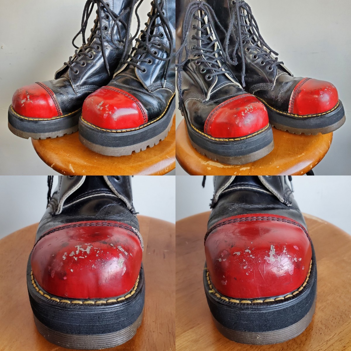 796◆英国製 ドクターマーチン Dr.Martens クレイジーボム 10ホールブーツ UK5/24～24.5㎝位 ツートン 黒×赤 vintage USED 中古