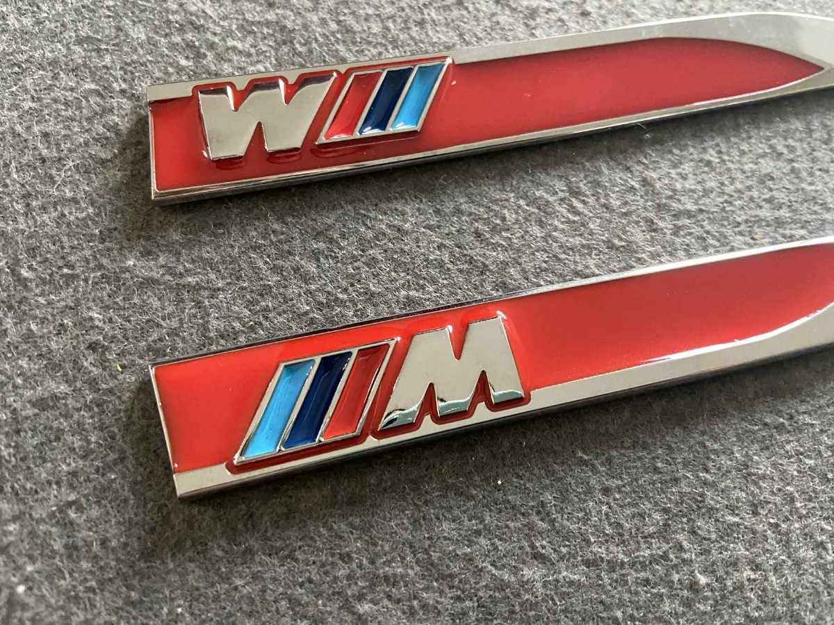 *BMW ///M* red * metal sticker emblem decal 2 pieces set 3D solid car equipment ornament both sides tape . installation easy 