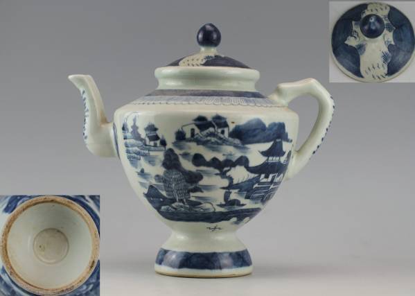 中国美術 染付の閣樓山水風景図 水注 茶壺 茶道具-