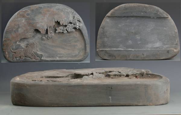 中国古玩 古硯 唐硯 大型 彫刻松下老虎の図 端渓硯 書道具!直径41 cm