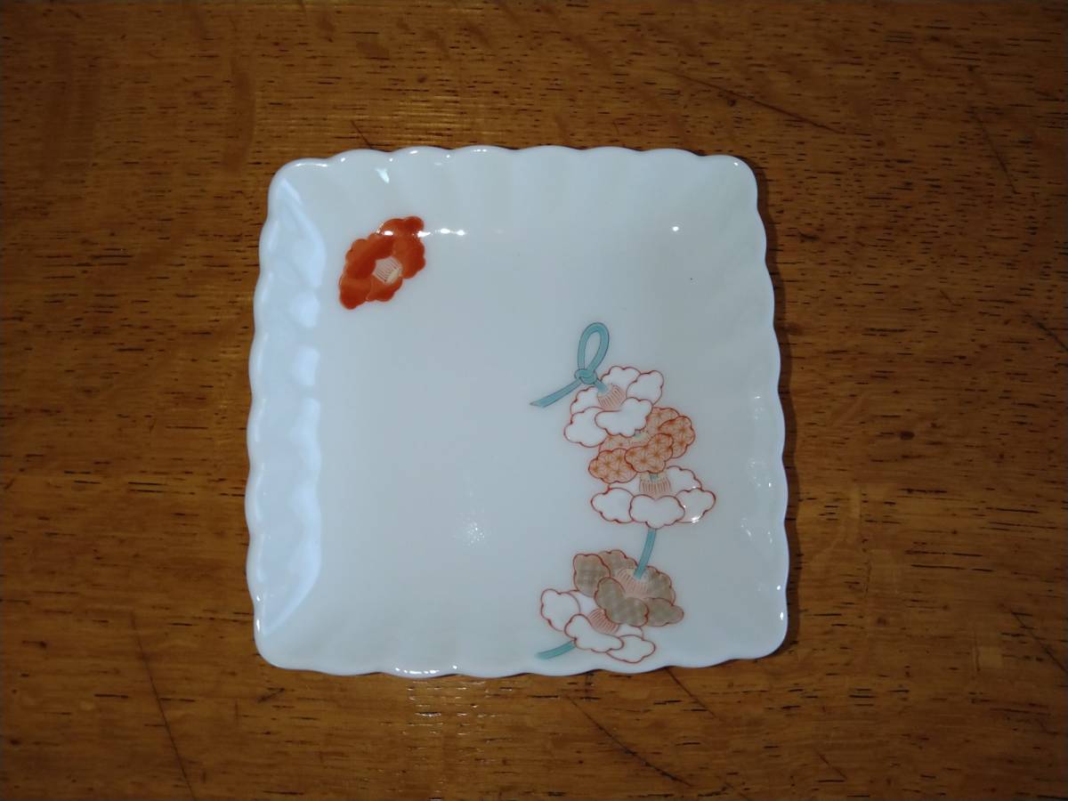 深川製磁　紅白花結び角小皿5枚