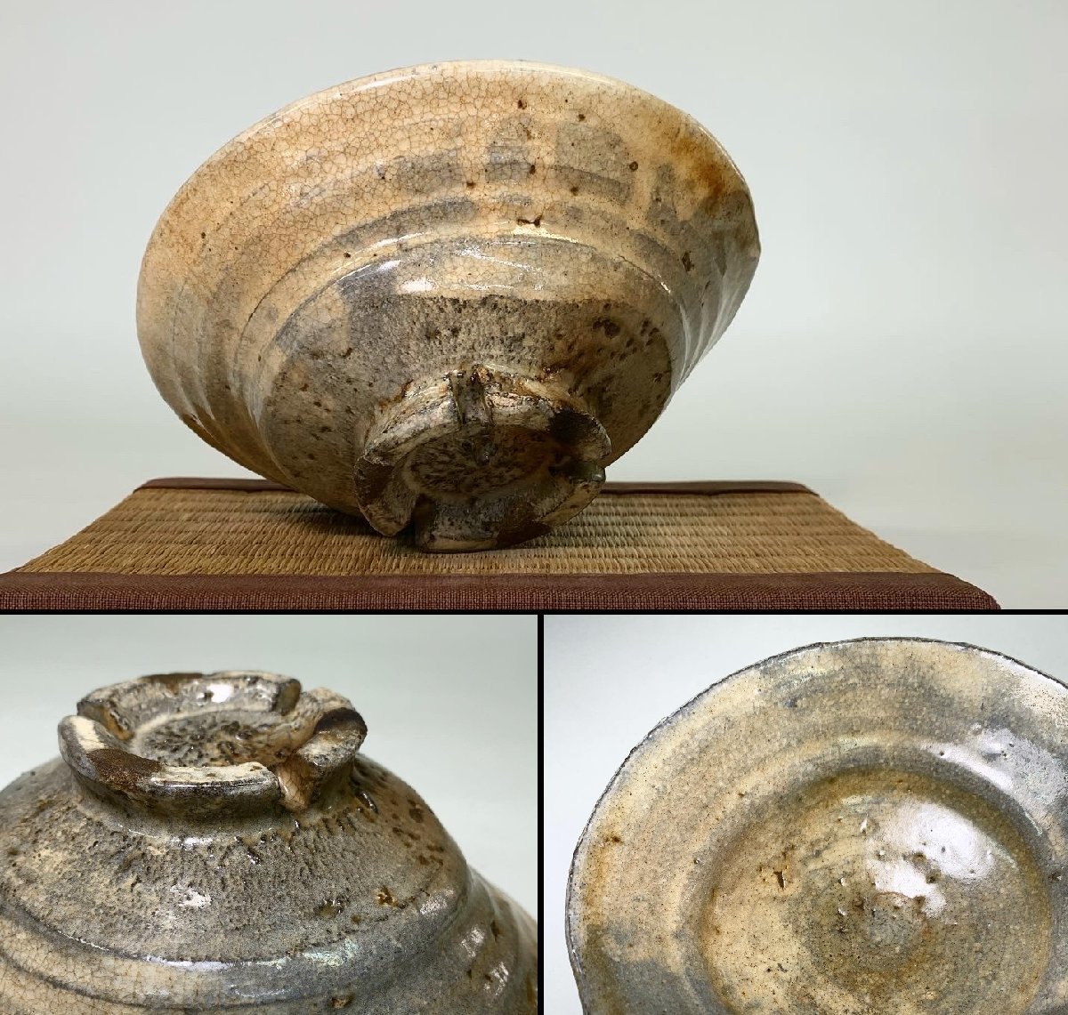 京全】 李朝時代粉引釉割高台平茶碗時代茶道具検) 粉吹三島刷毛目高麗