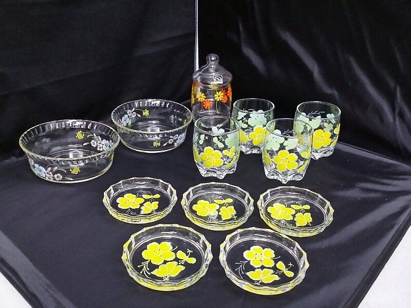 4 ADERIA アデリア 佐々木硝子 ササキ ガラス パイレックス 昭和レトロ 花柄 ガラス 食器 12点まとめて キャンディポット 皿 グラスの画像1