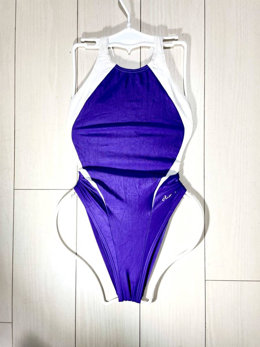 27アシックス女子競泳水着M ALS61M 薄地 光沢パープル×白ホワイト