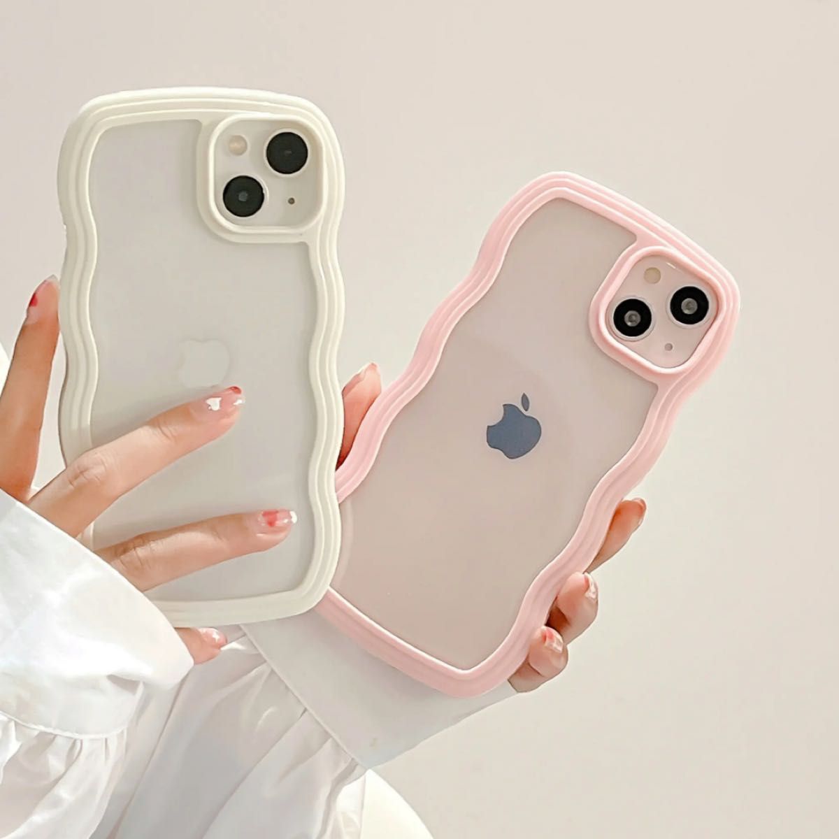 iPhone12pro ケース ピンク 背面クリア 波 ウェーブ フレーム