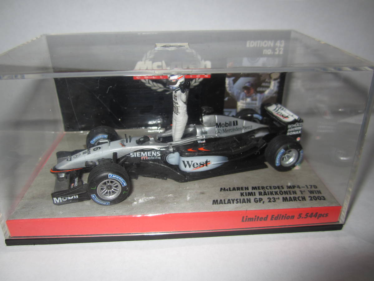 即決 PMA ミニチャンプス製 1/43 マクラーレン MP4/17D 2003年マレーシアGP F1初優勝 №6 キミ・ライコネン WEST仕様_画像1