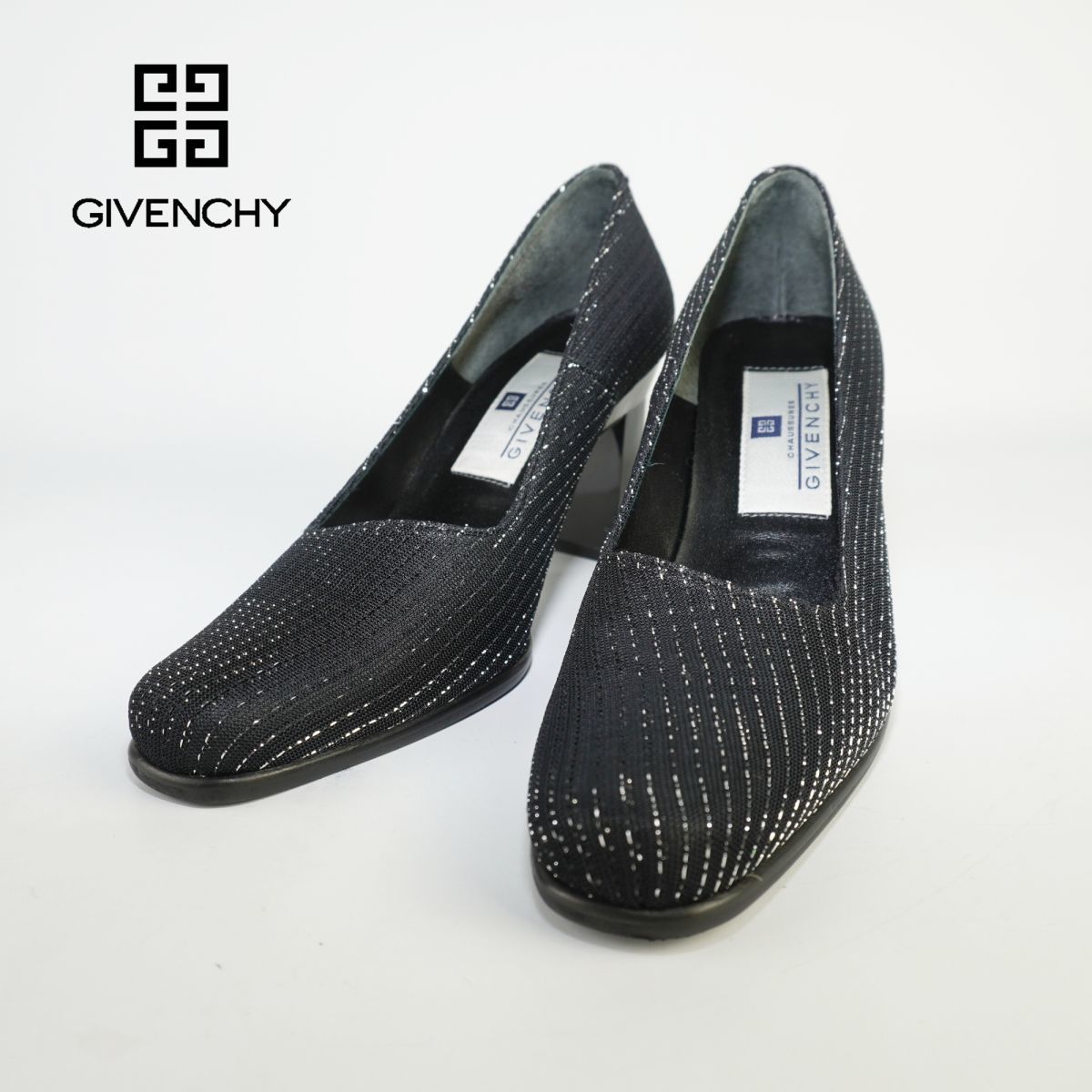 美品 Givenchy ジバンシィ 35 22.0 パンプス ヒール スクエアトゥ ナイロン ストライプ ラメ 黒 ブラック/AC60_画像1