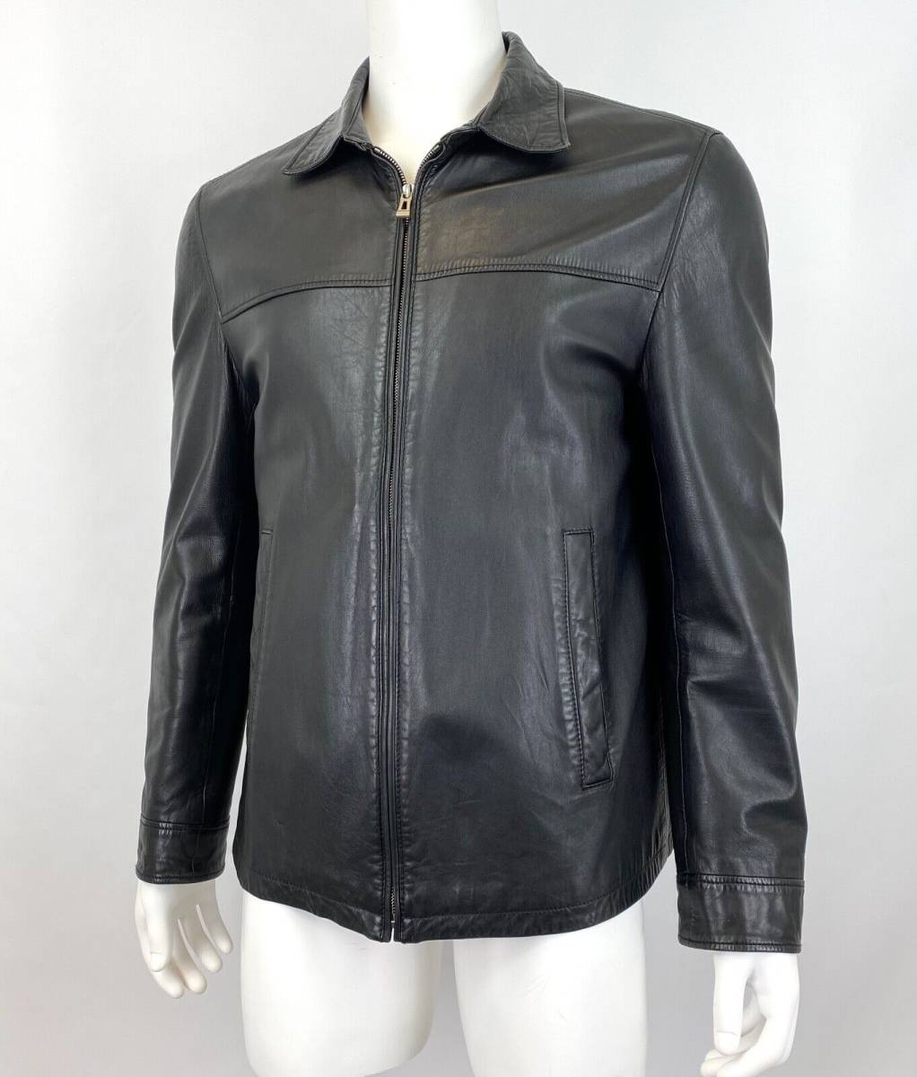 Hugo Boss Mens 42 R US 52 IT Black Leather Jacket Coat Zip Pockets Lined Auth 海外 即決 - 2