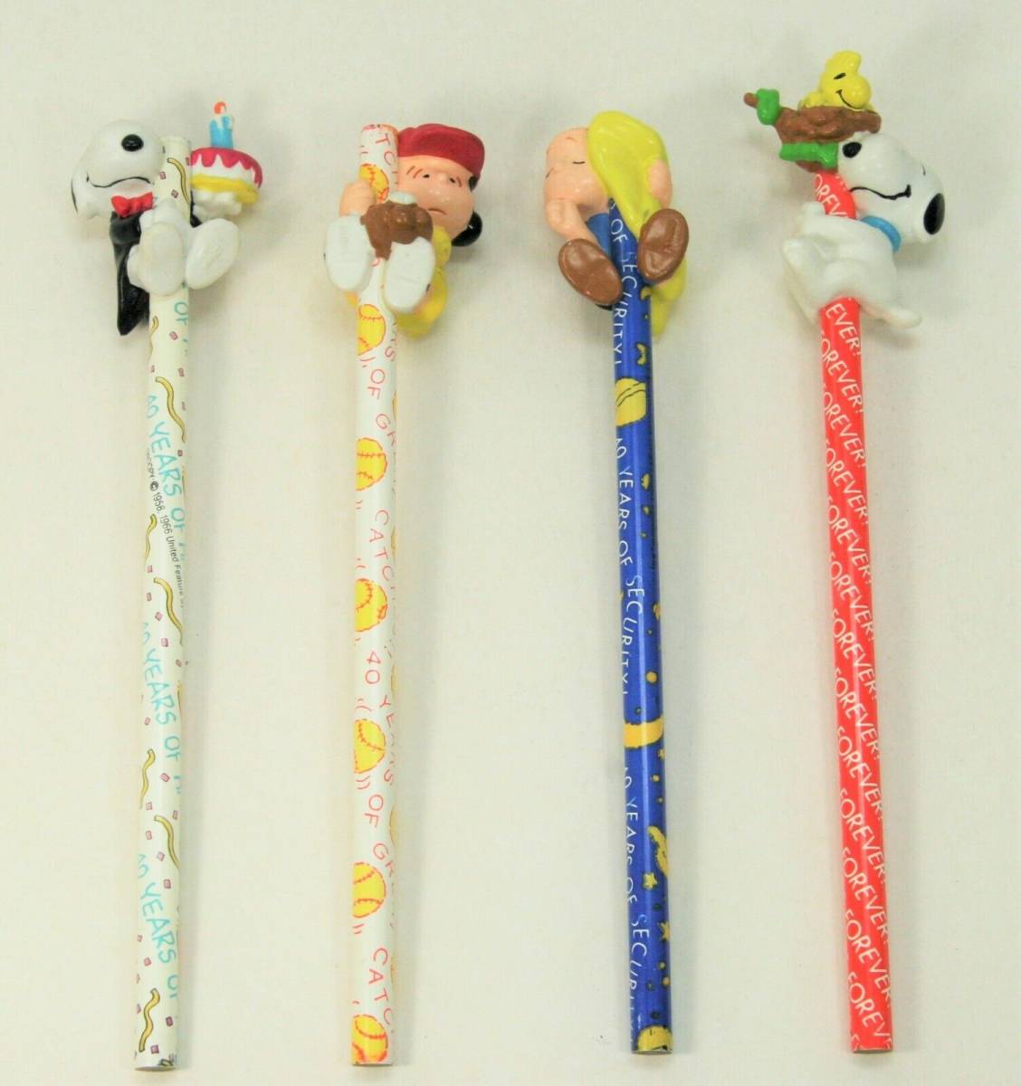 Peanuts Snoopy "40 Years..." Anniversary Pencil PVC Toppers Set of 4, 1990, Rare 海外 即決