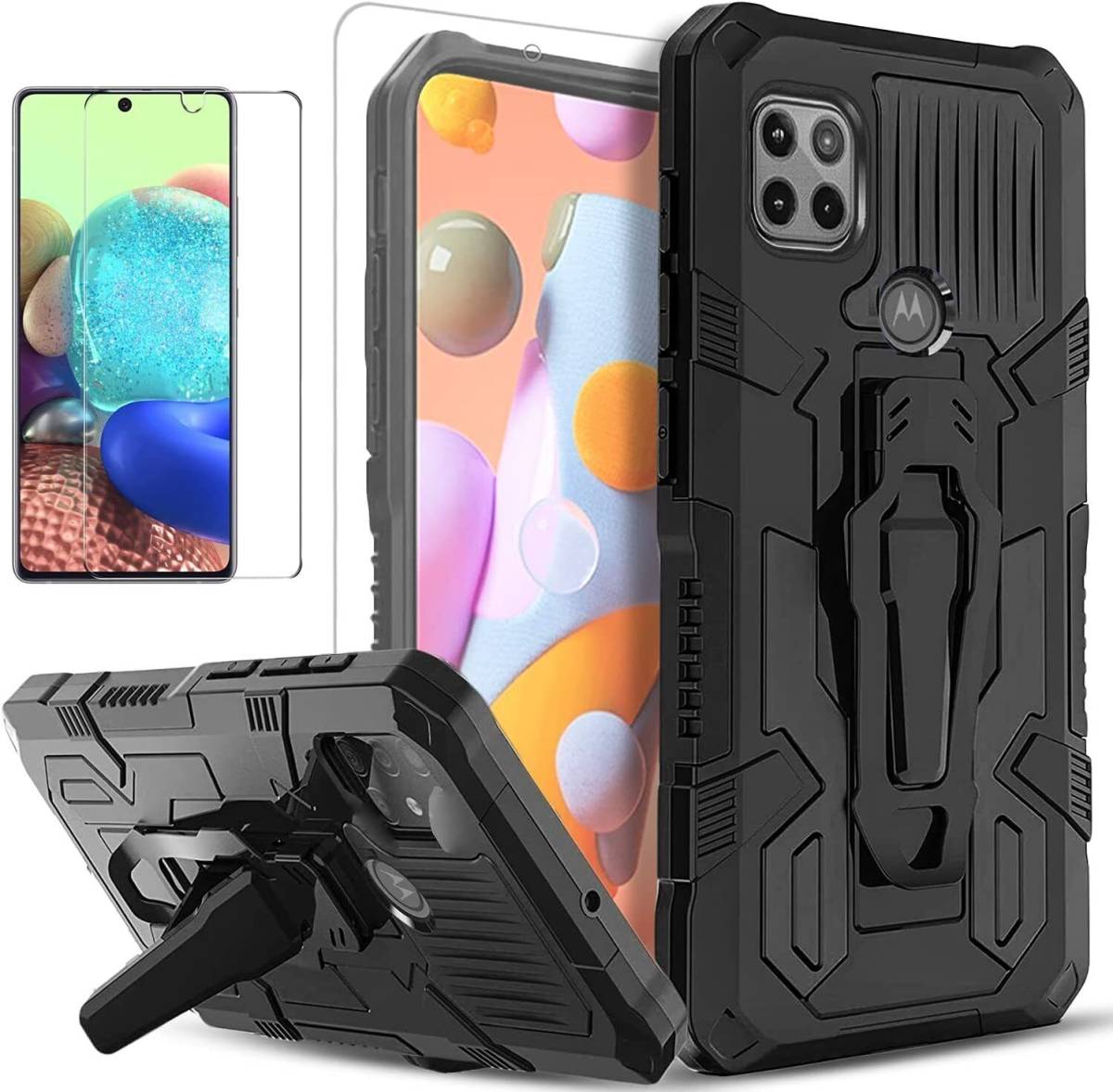 For Motorola One 5G Ace Case with Tempered Glass, Full Body, Belt Clip,Stand 海外 即決