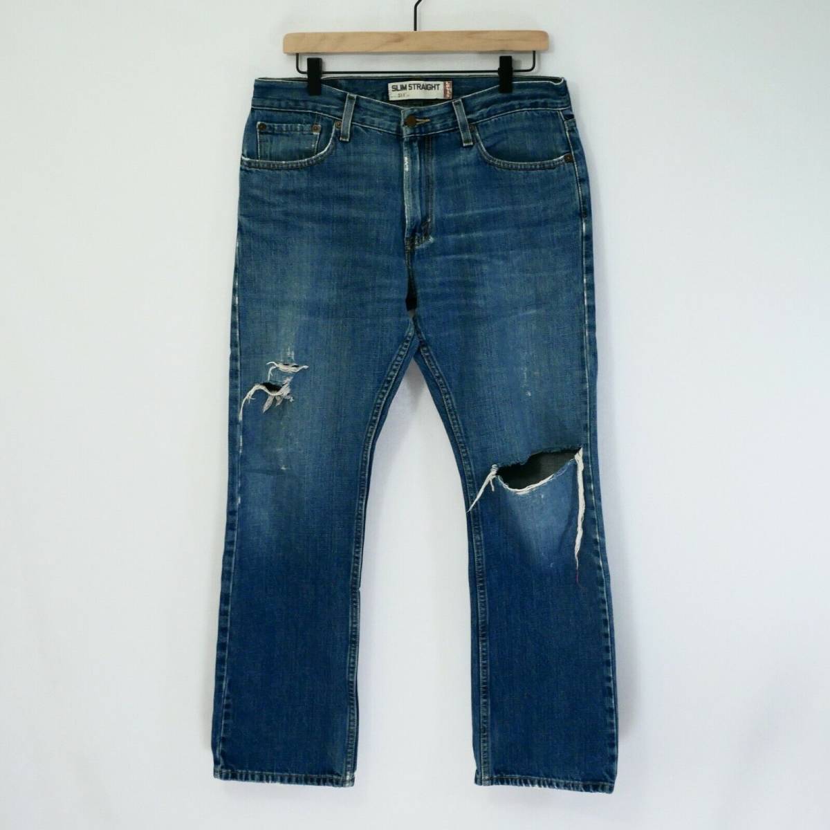 Levis 514 Slim Straight Denim Jeans Ripped Medium Wash, Men Size 33x30 海外 即決