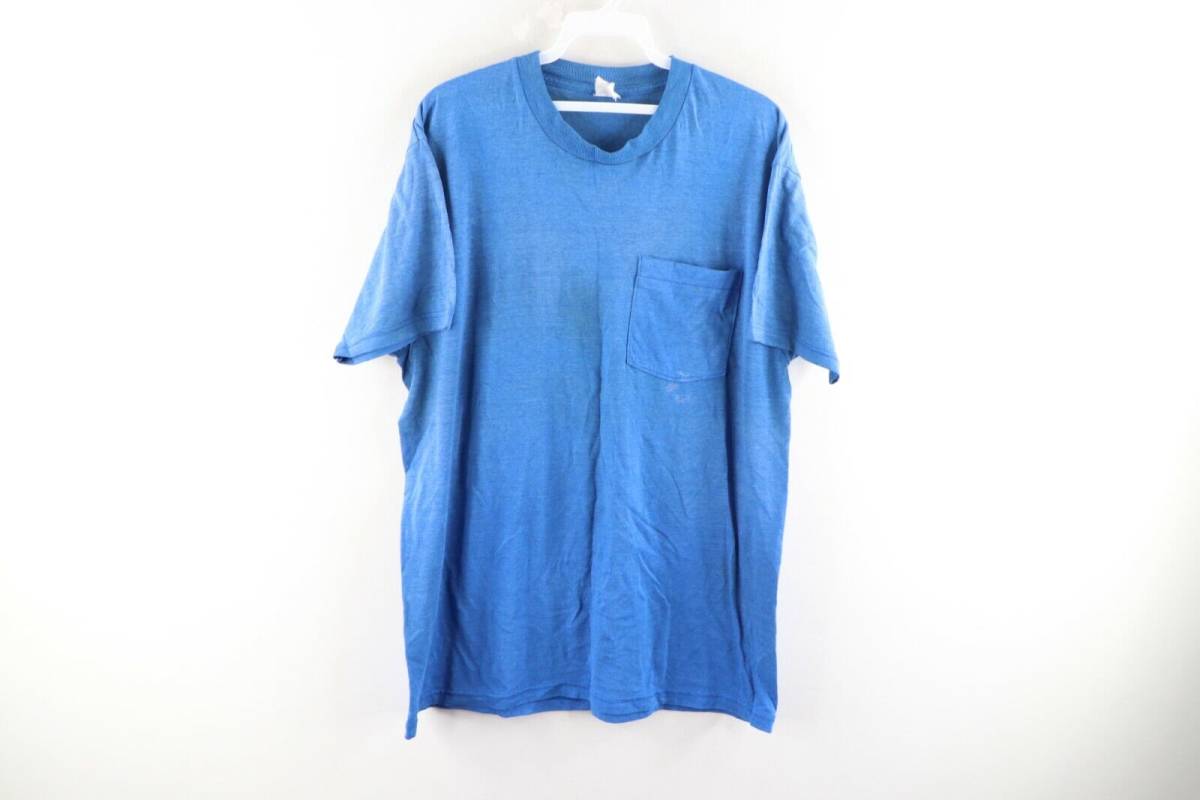 Vtg 90s Streetwear Rockabilly Mens XL Faded Blank Pocket T-Shirt Royal Blue USA 海外 即決