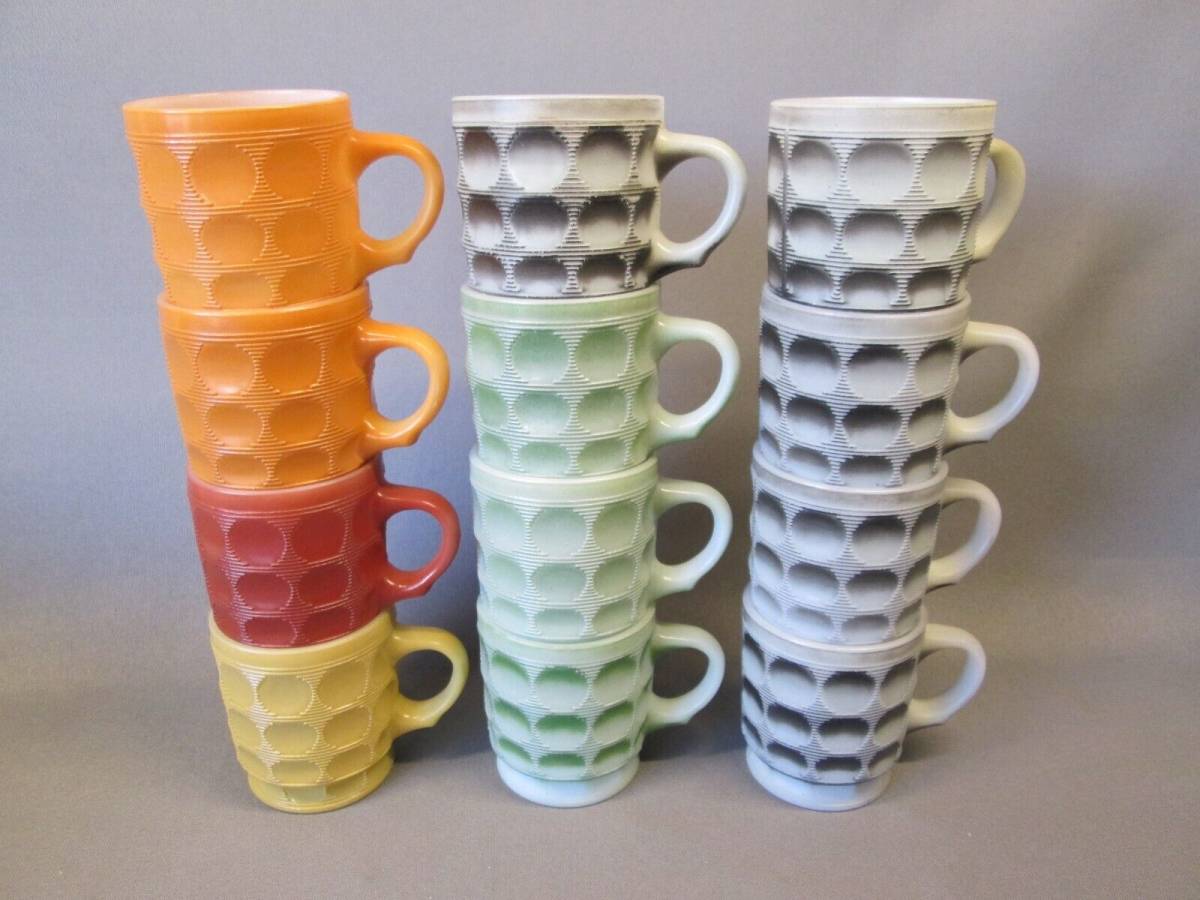 SET 12 Fire King Anchor Hocking Stackable CAMELOT Coffee Mugs Multicolored Vtg 海外 即決