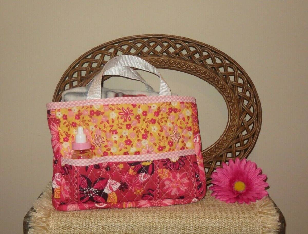 Handmade Quilted Doll Diaper Bag Tote w/ Blanket AG ~ Bitty Baby - Pink Flowers 海外 即決