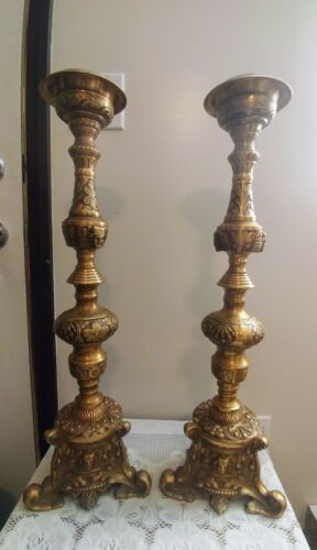24'' Tall Pair Vintage Ornate Brass Castilian Candle Holders Solid & Heavy 海外 即決