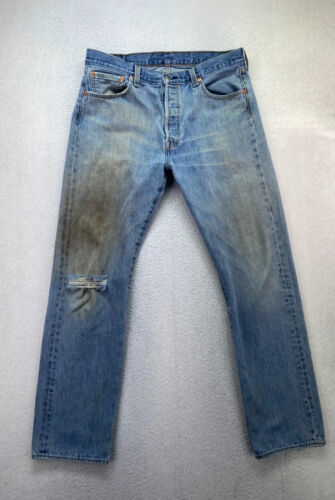 Levis 501 Mens 36x34 Stone Wash Button Fly Work Worn Stained Straight Jeans 海外 即決
