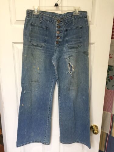Vintage 70s Distressed JC Penney Flare Leg Bell Bottom Jeans 31x30 Hippie Boho 海外 即決