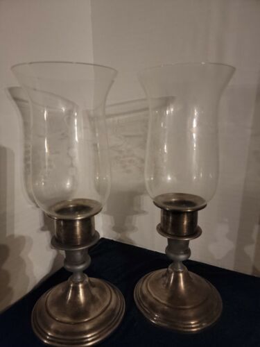 Stirling Silver Candle Holders With Grape Etched Hurricane Glasses 海外 即決