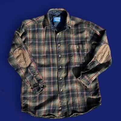 Vintage Pendleton Green Plaid Wool Flannel Shirt Leather Elbow Patch Sz M 海外 即決