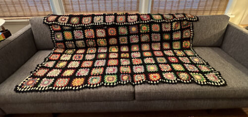 Vtg Rosanne Crochet Granny Square Handmade Blanket Afghan 42" x 58 Multi-Colored 海外 即決