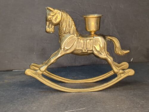 R.O.C. Taiwan Vintage Solid Brass Rocking Horse Pony Candle Holder 5" Tall 海外 即決