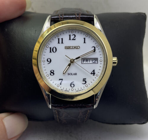Seiko Men's SNE056 Solar White Dial Stainless Steel Brn Leather Dress Watch-H444 海外 即決
