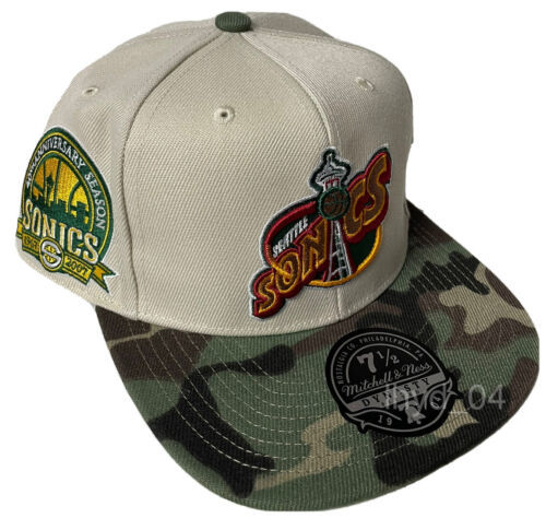 MITCHELL & NESS SEATTLE SUPERSONICS 7 1/2 FITTED HAT $42 RETAIL CAMO HWC NWT NBA 海外 即決
