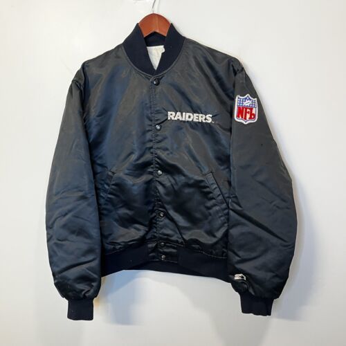VTG STARTER Oakland Raiders BIG SHIELD Logo NFL Rare Satin Bomber Jacket USA M 海外 即決