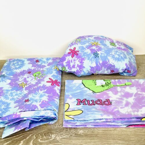 Vntg 90's Mudd Purple Blue Twin Bedding Fitted/Flat Sheet + Pillowcase Set 海外 即決