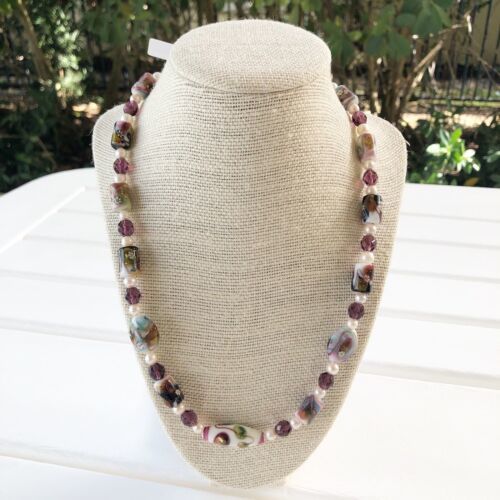 NWT Genuine Amethyst & Pearl Beaded Necklace Purple White Painted Flower Beads 海外 即決