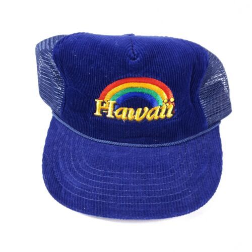 Vintage 80s Hawaii Rainbow Blue Corduroy Mesh Trucker Snapback Rope Hat Cap 海外 即決